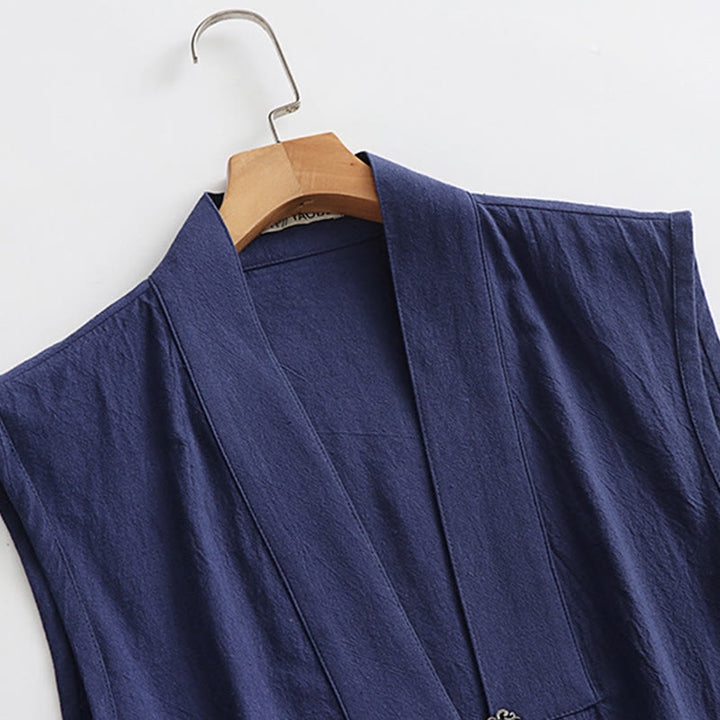 Buddha Stones 2-teiliger Wudang Herbst-Kimono für Herren, einfarbig, langärmelig, taoistisch, ärmellos, mit Schnürung, Zeremonienanzug - image 18