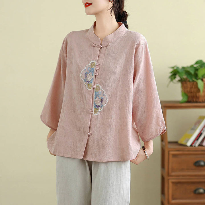 Damenbluse aus Baumwolle mit Buddha Stones, Blumenstickerei, Jacquard-Muster, Dreiviertelärmeln und Froschknopfverschluss - Hellrosa - US12, UK/AU16, EU44 (3XL) - image 15