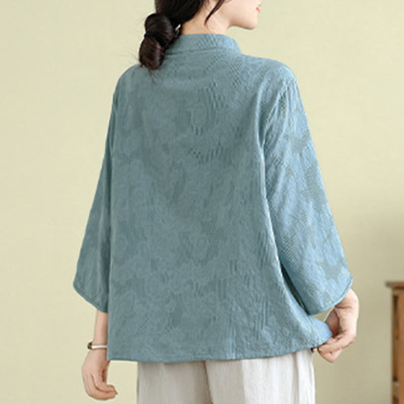 Damenbluse aus Baumwolle mit Buddha Stones, Blumenstickerei, Jacquard-Muster, Dreiviertelärmeln und Froschknopfverschluss - image 12