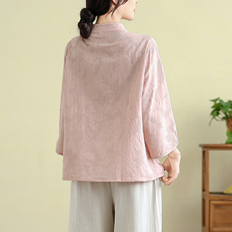Damenbluse aus Baumwolle mit Buddha Stones, Blumenstickerei, Jacquard-Muster, Dreiviertelärmeln und Froschknopfverschluss - image 18