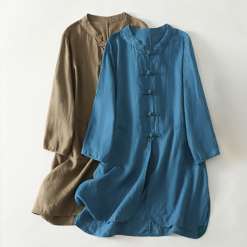 Buddha Stones Herbst Einfarbiges Baumwollhemd mit Froschknopfleiste, Stehkragen, Dreiviertelärmeln und mittellanger Länge für Damen - image 0