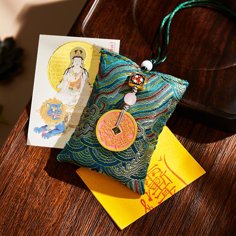 Buddha Stones, chinesisches Tierkreiszeichen, Buddha-Kupfermünzen, Segenssäckchen, Hängedekoration - Dunkelgrüner Stoff - Rabbit-Manjushri Bodhisattva - image 16