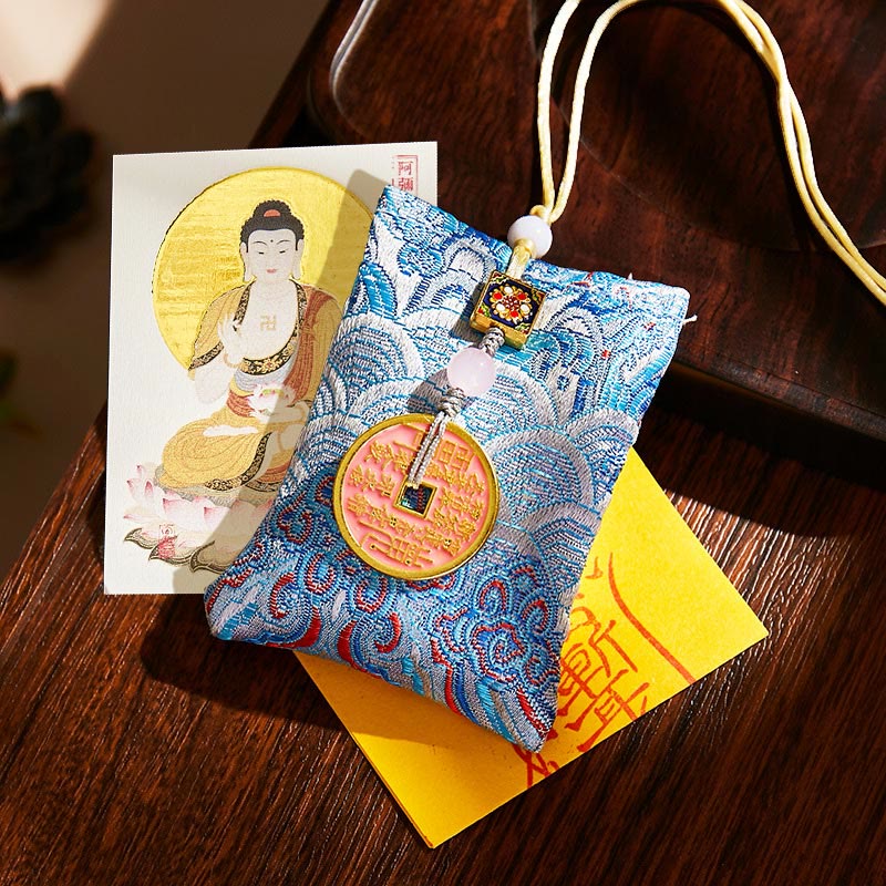 Buddha Stones, chinesisches Tierkreiszeichen, Buddha-Kupfermünzen, Segenssäckchen, Hängedekoration - Hellblauer Stoff - Hund/Schwein-Amitabha Buddha - image 39