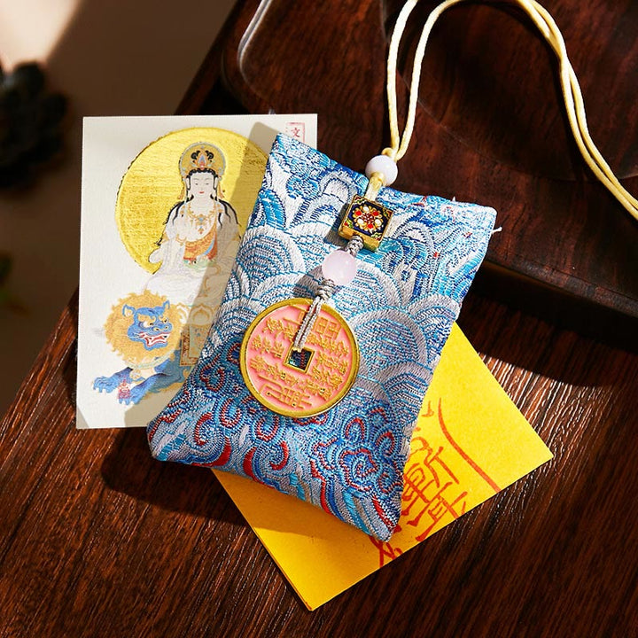 Buddha Stones, chinesisches Tierkreiszeichen, Buddha-Kupfermünzen, Segenssäckchen, Hängedekoration - Hellblauer Stoff - Rabbit-Manjushri Bodhisattva - image 32