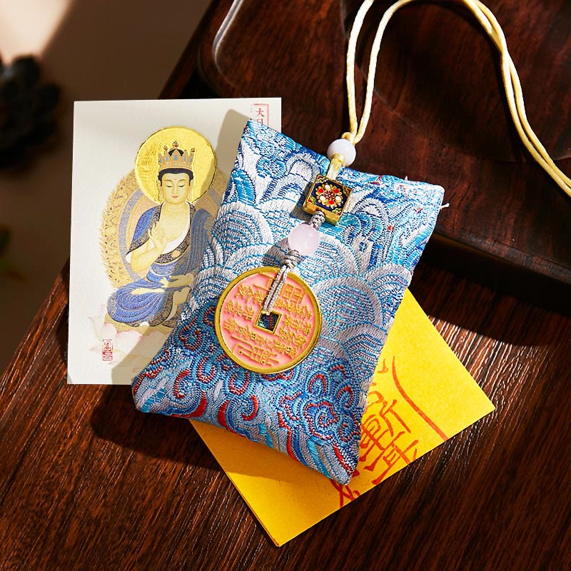 Buddha Stones, chinesisches Tierkreiszeichen, Buddha-Kupfermünzen, Segenssäckchen, Hängedekoration - Hellblauer Stoff - Ziege/Affe-Tathagata - image 37