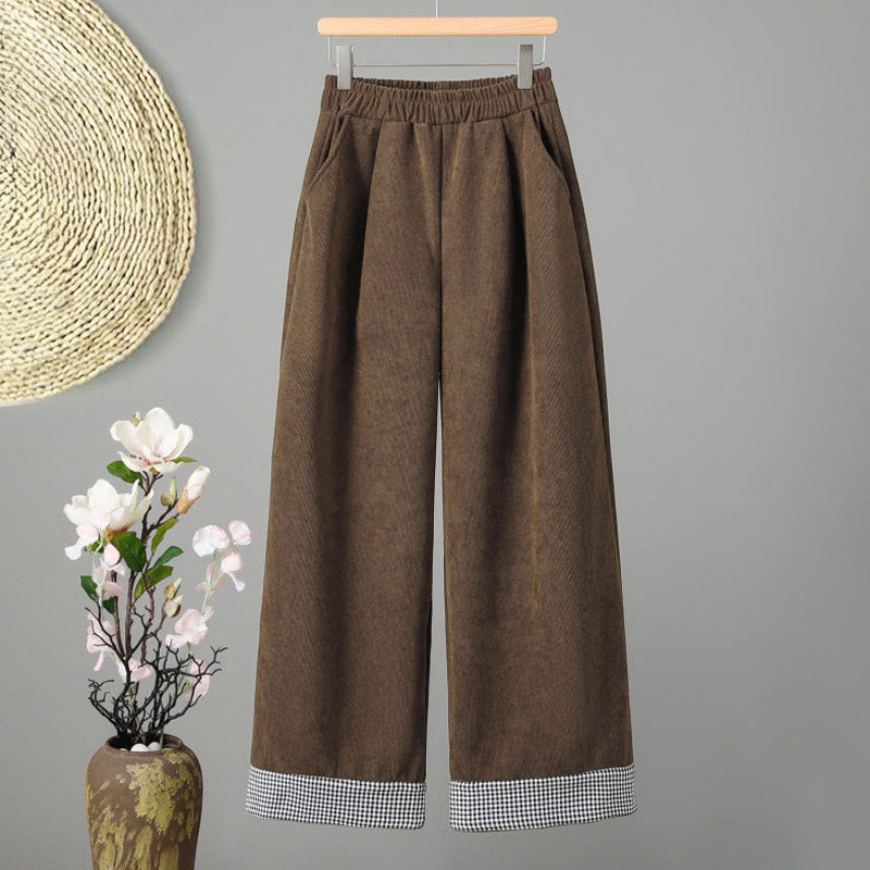 Buddha Stones Schlichte Cordhose mit elastischem Bund, Patchwork-Karomuster und weitem Bein, knöchellang, Damen - Sattelbraun - US 8-10, UK/AU 12-14, EU 40-42 (2XL) - image 0