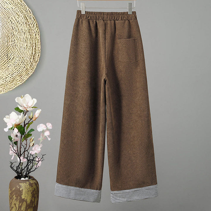 Buddha Stones Schlichte Cordhose mit elastischem Bund, Patchwork-Karomuster und weitem Bein, knöchellang, Damen - image 1