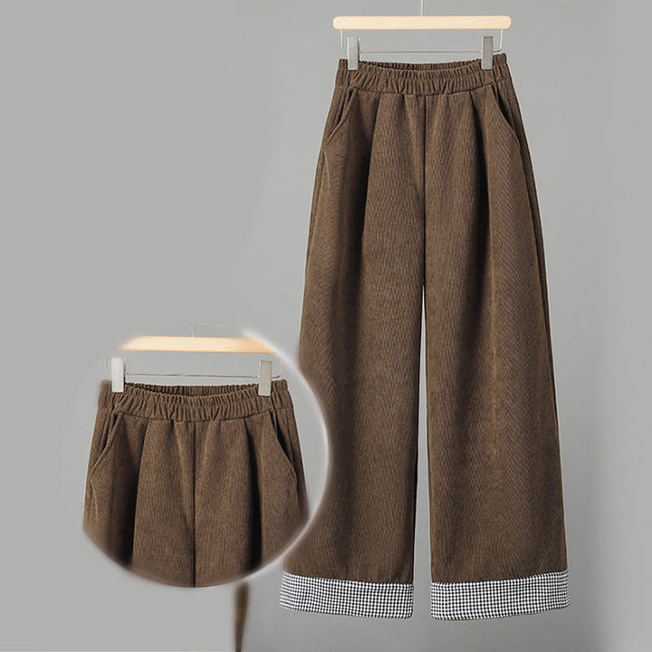 Buddha Stones Schlichte Cordhose mit elastischem Bund, Patchwork-Karomuster und weitem Bein, knöchellang, Damen - image 2