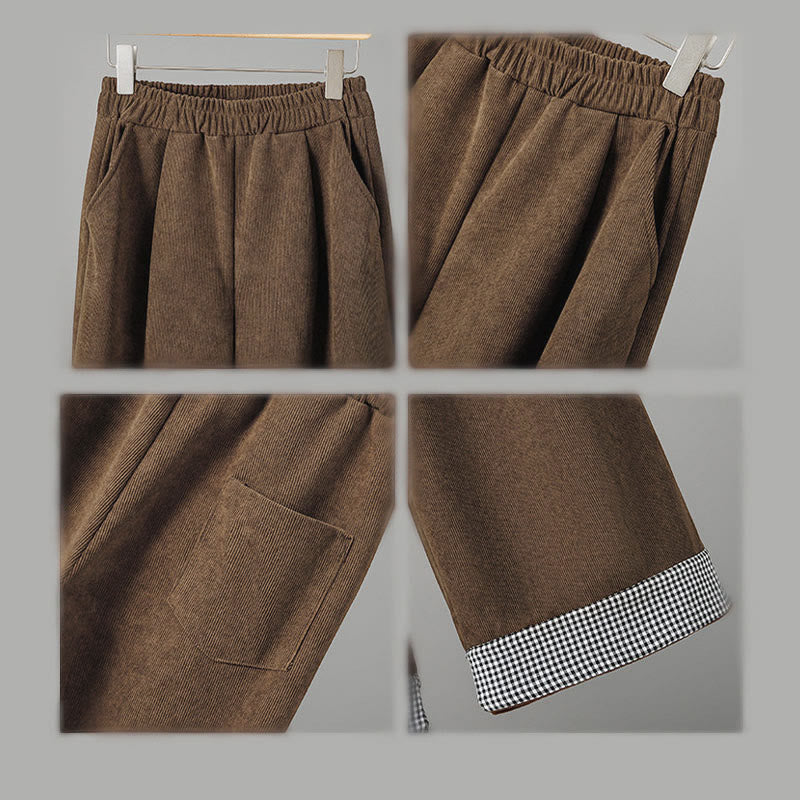 Buddha Stones Schlichte Cordhose mit elastischem Bund, Patchwork-Karomuster und weitem Bein, knöchellang, Damen - image 8