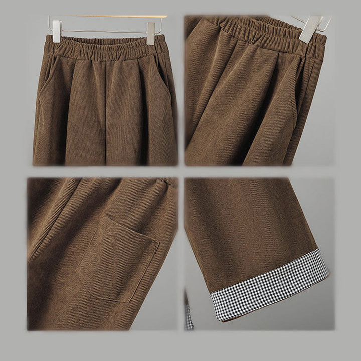 Buddha Stones Schlichte Cordhose mit elastischem Bund, Patchwork-Karomuster und weitem Bein, knöchellang, Damen - image 8