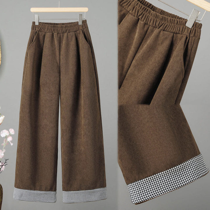 Buddha Stones Schlichte Cordhose mit elastischem Bund, Patchwork-Karomuster und weitem Bein, knöchellang, Damen - image 3