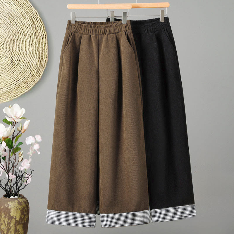 Buddha Stones Schlichte Cordhose mit elastischem Bund, Patchwork-Karomuster und weitem Bein, knöchellang, Damen - image 9