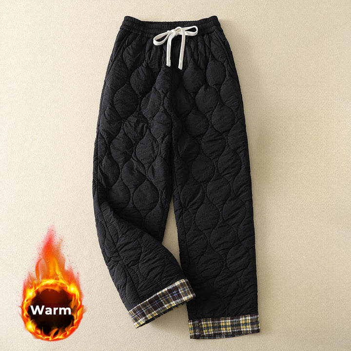 Buddha Stones Winter Curved Lines Elastischer Bund Kordelzug Patchwork-Karo Baumwoll-Thermohose für Damen mit Taschen - Schwarz - US 8-10, UK/AU 12-14, EU 40-42 (2XL) - image 0