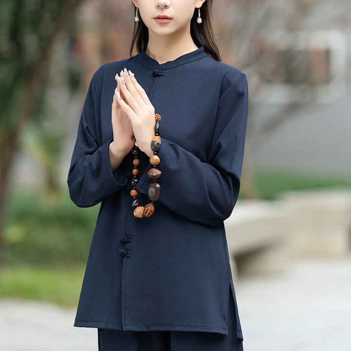 Buddha Stones ​​2-teiliges Set aus chinesischem Froschknopf-Langarmhemd, Oberteil und Hose für Meditation, Zen, Tai Chi und Baumwolle – Damen-Set - image 6