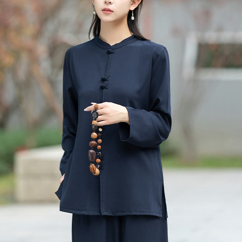 Buddha Stones ​​2-teiliges Set aus chinesischem Froschknopf-Langarmhemd, Oberteil und Hose für Meditation, Zen, Tai Chi und Baumwolle – Damen-Set - image 5