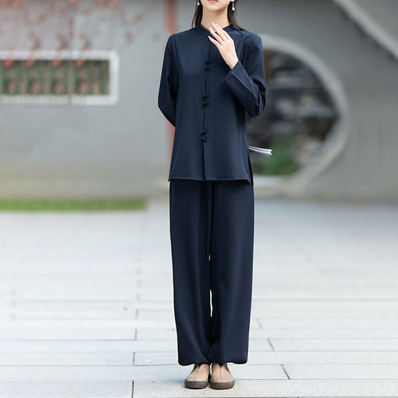 Buddha Stones ​​2-teiliges Set aus chinesischem Froschknopf-Langarmhemd, Oberteil und Hose für Meditation, Zen, Tai Chi und Baumwolle – Damen-Set - image 3