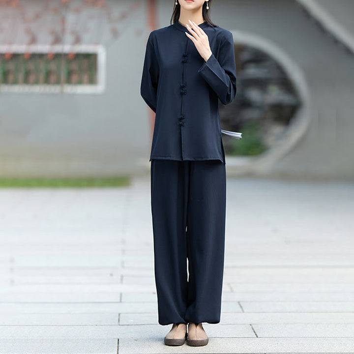 Buddha Stones ​​2-teiliges Set aus chinesischem Froschknopf-Langarmhemd, Oberteil und Hose für Meditation, Zen, Tai Chi und Baumwolle – Damen-Set - image 3