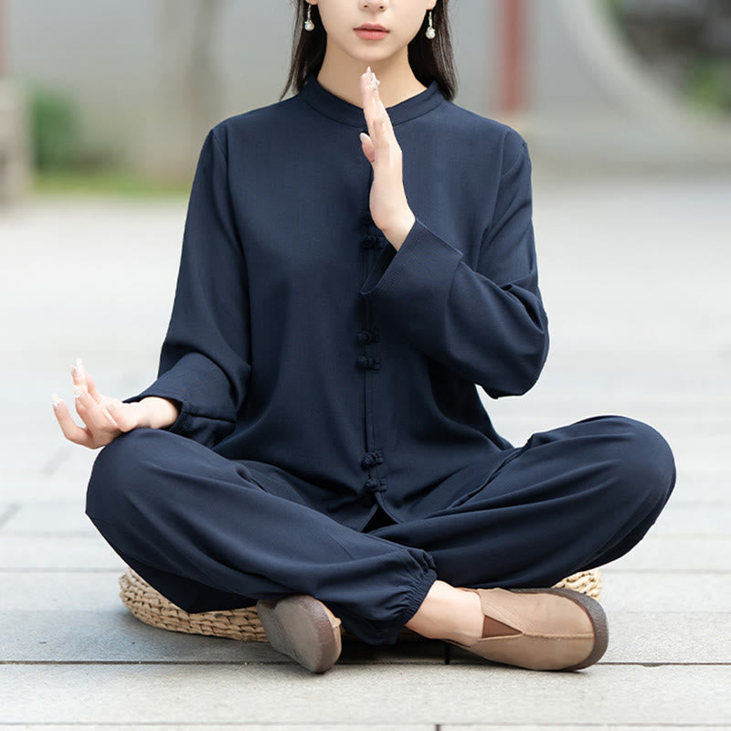 Buddha Stones ​​2-teiliges Set aus chinesischem Froschknopf-Langarmhemd, Oberteil und Hose für Meditation, Zen, Tai Chi und Baumwolle – Damen-Set - SteelBlue - US 8-10, UK/AU 12-14, EU 40-42 (2XL) - image 0