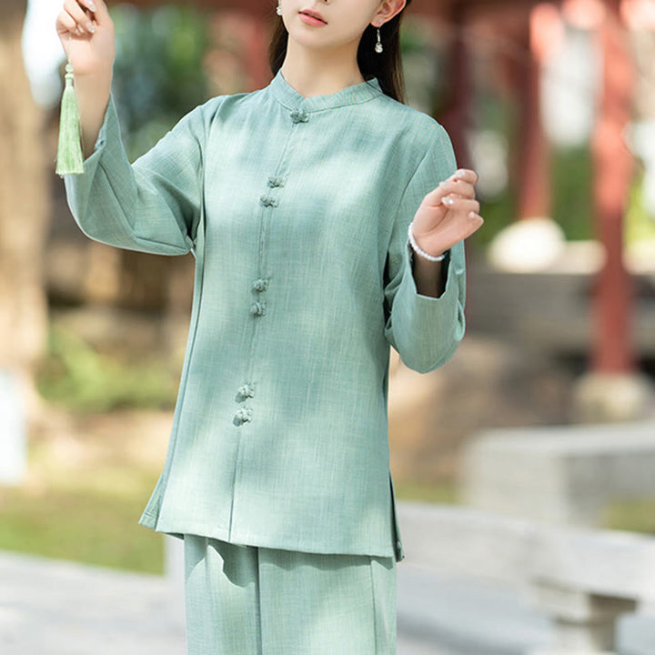 Buddha Stones ​​2-teiliges Set aus chinesischem Froschknopf-Langarmhemd, Oberteil und Hose für Meditation, Zen, Tai Chi und Baumwolle – Damen-Set - image 15