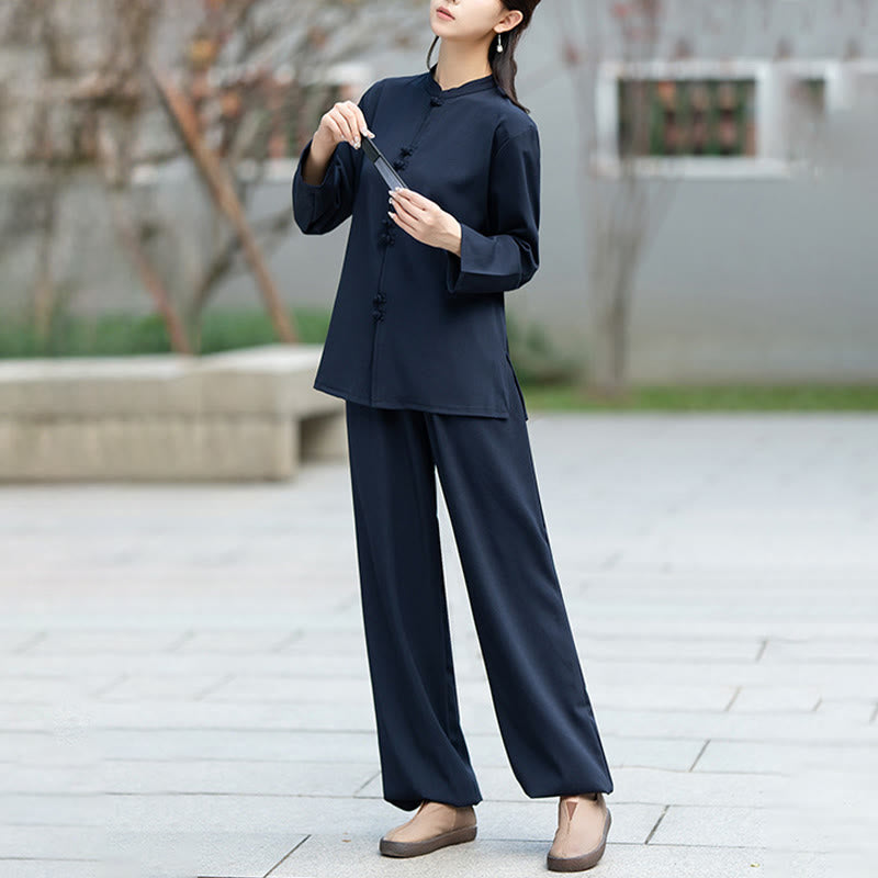 Buddha Stones ​​2-teiliges Set aus chinesischem Froschknopf-Langarmhemd, Oberteil und Hose für Meditation, Zen, Tai Chi und Baumwolle – Damen-Set - image 4
