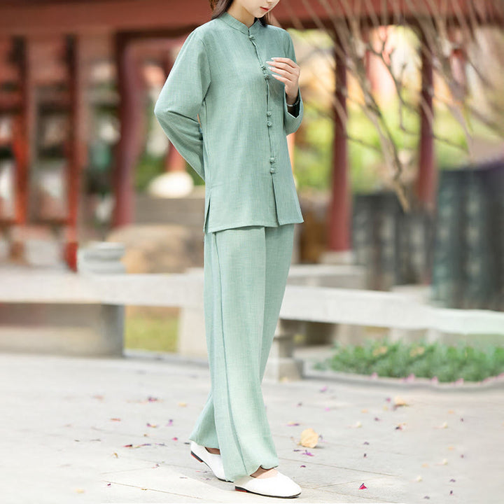 Buddha Stones ​​2-teiliges Set aus chinesischem Froschknopf-Langarmhemd, Oberteil und Hose für Meditation, Zen, Tai Chi und Baumwolle – Damen-Set - image 12
