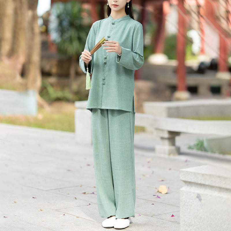 Buddha Stones ​​2-teiliges Set aus chinesischem Froschknopf-Langarmhemd, Oberteil und Hose für Meditation, Zen, Tai Chi und Baumwolle – Damen-Set - image 13