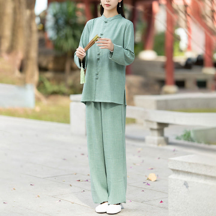 Buddha Stones ​​2-teiliges Set aus chinesischem Froschknopf-Langarmhemd, Oberteil und Hose für Meditation, Zen, Tai Chi und Baumwolle – Damen-Set - image 13