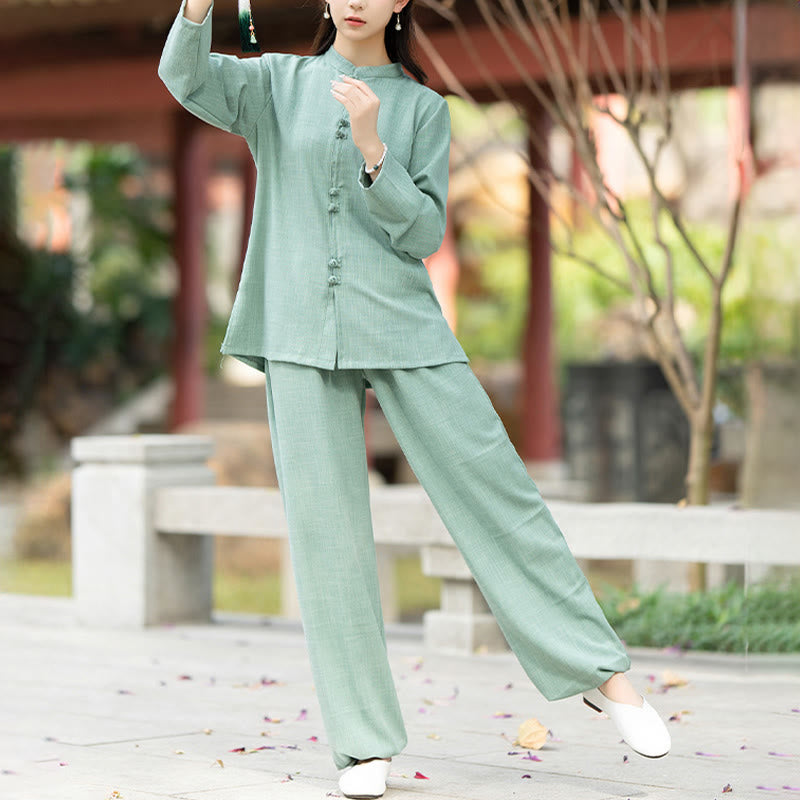 Buddha Stones ​​2-teiliges Set aus chinesischem Froschknopf-Langarmhemd, Oberteil und Hose für Meditation, Zen, Tai Chi und Baumwolle – Damen-Set - image 11