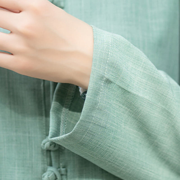 Buddha Stones ​​2-teiliges Set aus chinesischem Froschknopf-Langarmhemd, Oberteil und Hose für Meditation, Zen, Tai Chi und Baumwolle – Damen-Set - image 19