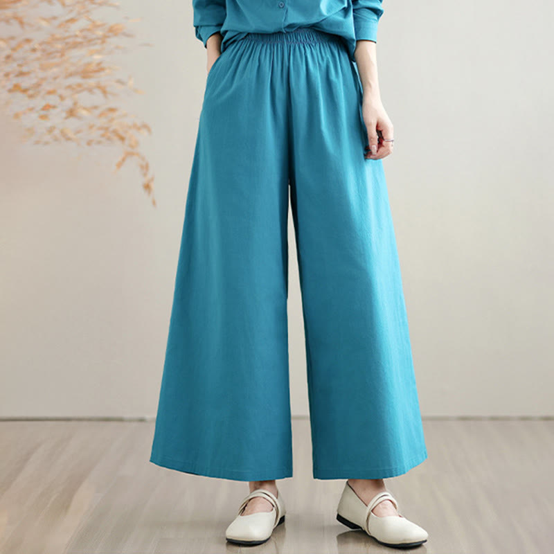 Buddha Stones 2-teiliges Herbst-Set für Damen: Einfarbiges Baumwollhemd mit Knöpfen, langärmelig, knöchellang, weite Hose mit Taschen - image 19