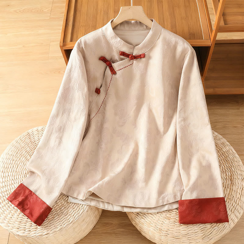 Buddha Stones Herbst Jacquard Blumenmuster Froschknopf Stehkragen Langarm Damen Baumwollhemd - Beige - US8-10, UK/AU12-14, EU40-42 (2XL) - image 16
