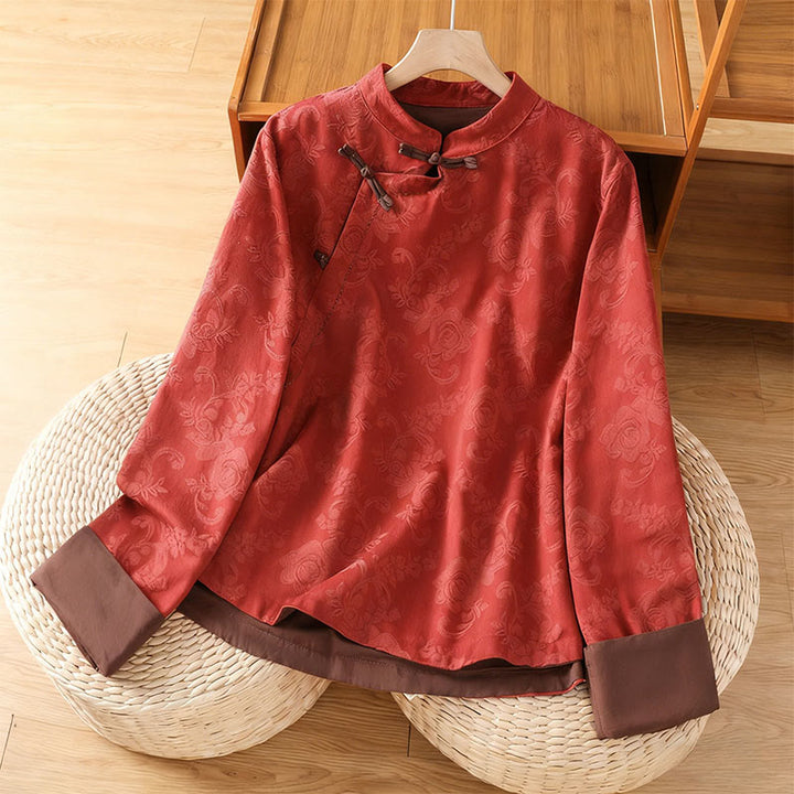 Buddha Stones Herbst Jacquard Blumenmuster Froschknopf Stehkragen Langarm Damen Baumwollhemd - Rot - US8-10, UK/AU12-14, EU40-42 (2XL) - image 0