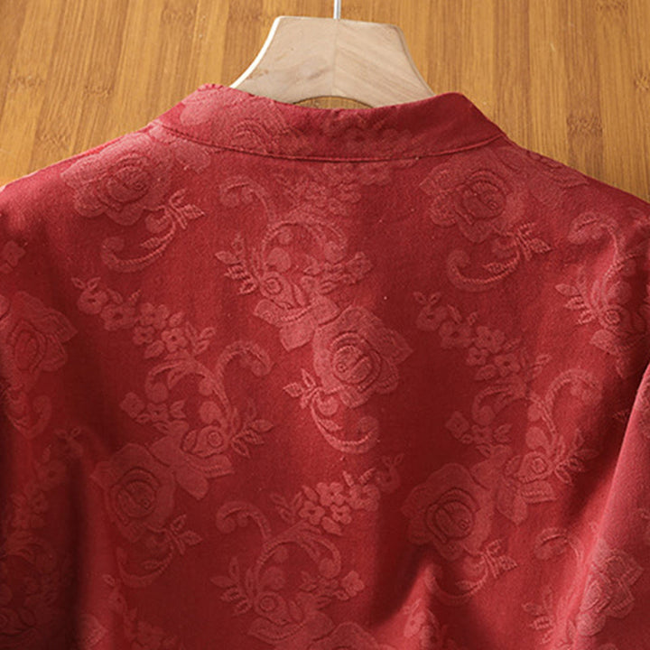Buddha Stones Herbst Jacquard Blumenmuster Froschknopf Stehkragen Langarm Damen Baumwollhemd - image 3