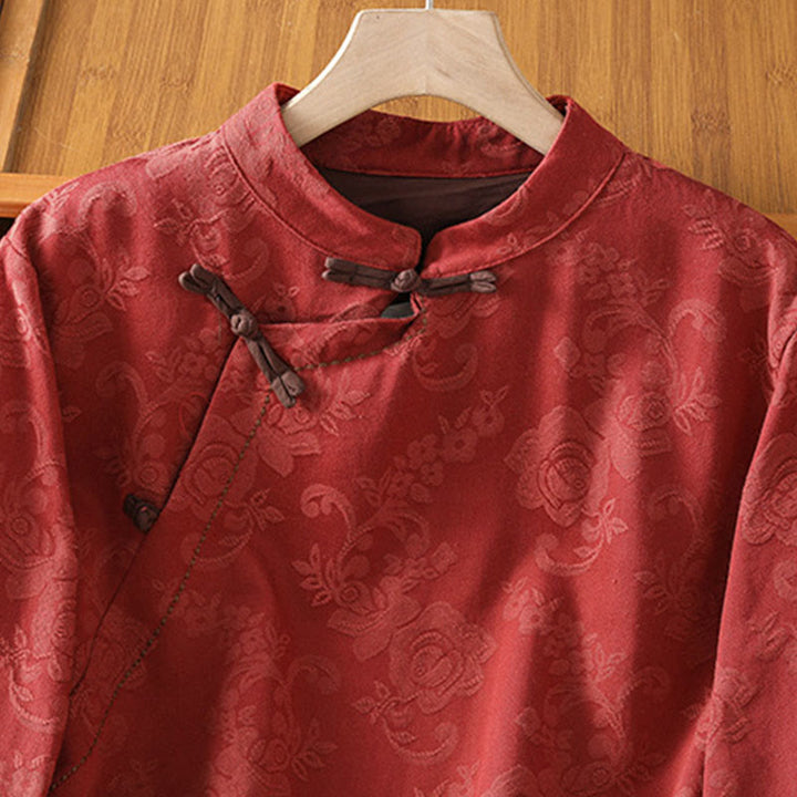 Buddha Stones Herbst Jacquard Blumenmuster Froschknopf Stehkragen Langarm Damen Baumwollhemd - image 2