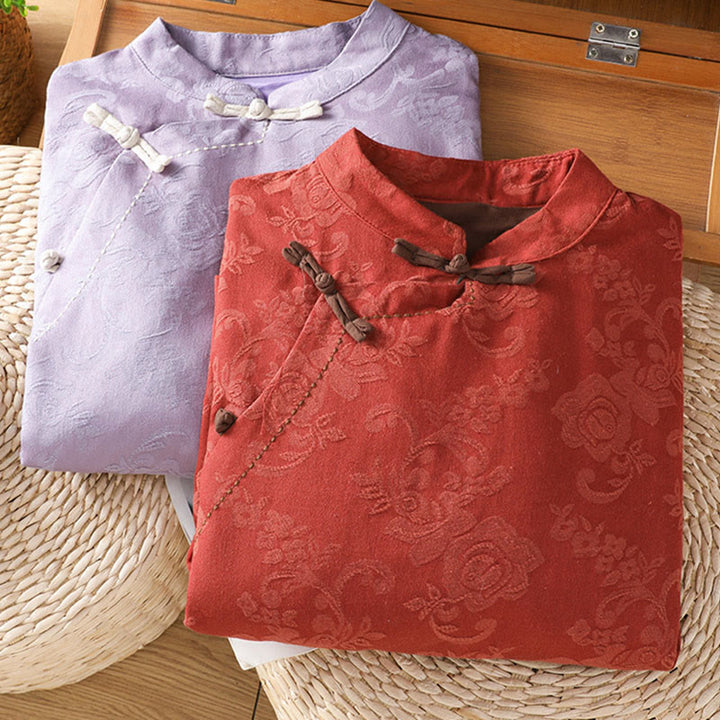 Buddha Stones Herbst Jacquard Blumenmuster Froschknopf Stehkragen Langarm Damen Baumwollhemd - image 7