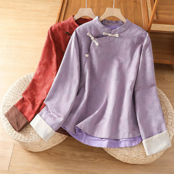 Buddha Stones Herbst Jacquard Blumenmuster Froschknopf Stehkragen Langarm Damen Baumwollhemd - image 15