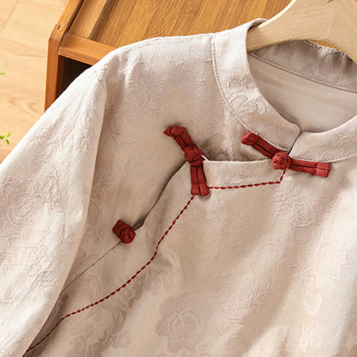 Buddha Stones Herbst Jacquard Blumenmuster Froschknopf Stehkragen Langarm Damen Baumwollhemd - image 21