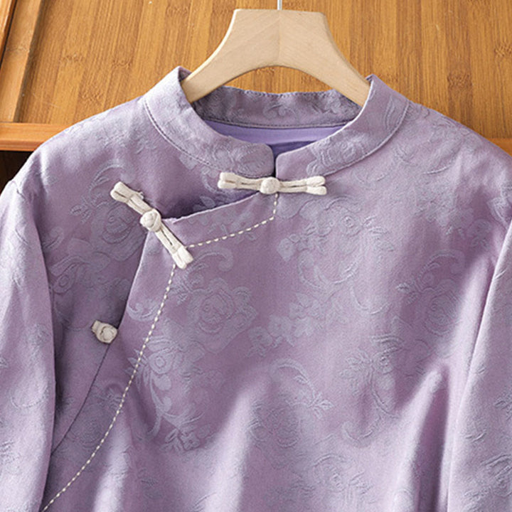 Buddha Stones Herbst Jacquard Blumenmuster Froschknopf Stehkragen Langarm Damen Baumwollhemd - image 10