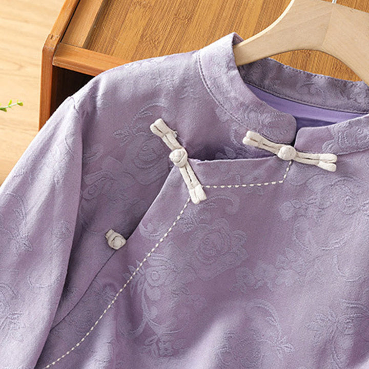 Buddha Stones Herbst Jacquard Blumenmuster Froschknopf Stehkragen Langarm Damen Baumwollhemd - image 12