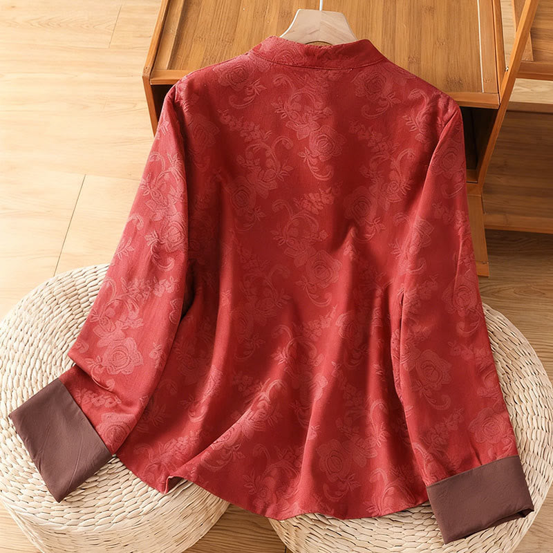 Buddha Stones Herbst Jacquard Blumenmuster Froschknopf Stehkragen Langarm Damen Baumwollhemd - image 1