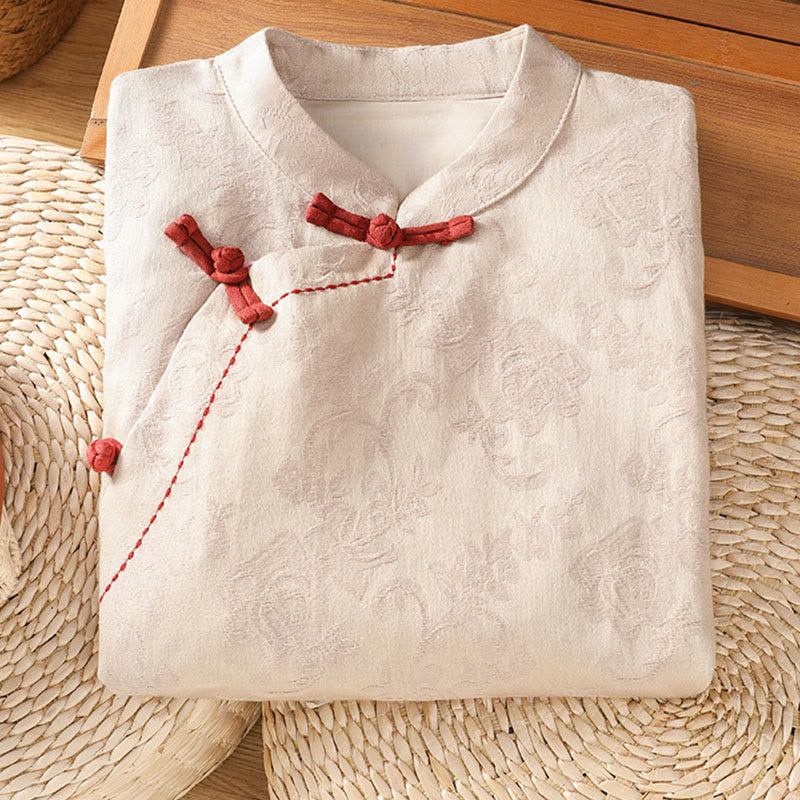 Buddha Stones Herbst Jacquard Blumenmuster Froschknopf Stehkragen Langarm Damen Baumwollhemd - image 18
