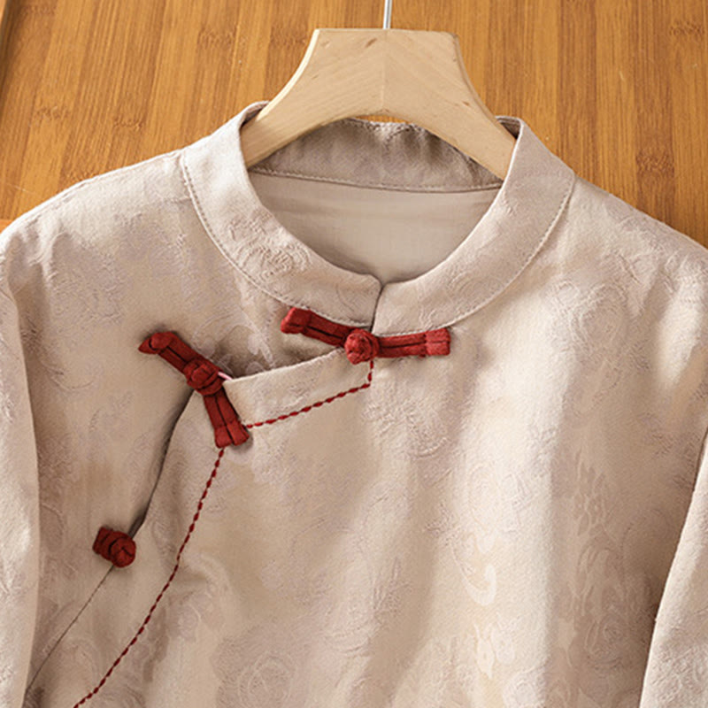 Buddha Stones Herbst Jacquard Blumenmuster Froschknopf Stehkragen Langarm Damen Baumwollhemd - image 19