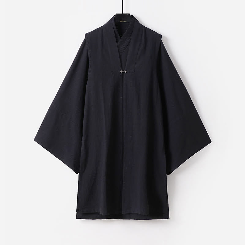 Buddha Stones ​​2-teiliger Herbst-Kimono für Herren, einfarbig, langärmelig, taoistisch, mit Schnürung, ärmellos, Weste, Qigong-Zeremonie-Anzug - Schwarz - US/ UK/AU54, EU64 (9XL) - image 14