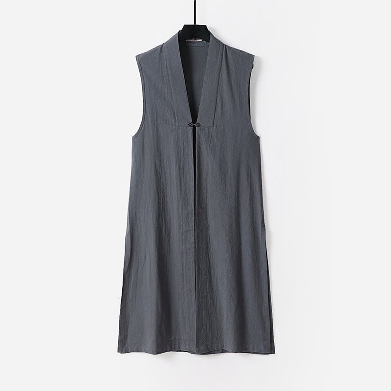 Buddha Stones ​​2-teiliger Herbst-Kimono für Herren, einfarbig, langärmelig, taoistisch, mit Schnürung, ärmellos, Weste, Qigong-Zeremonie-Anzug - image 5