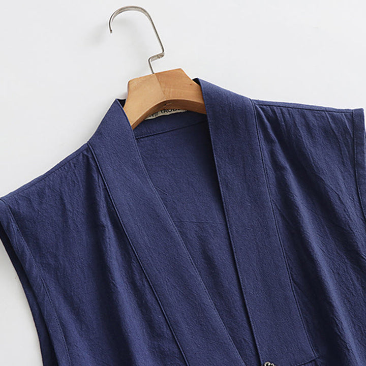 Buddha Stones ​​2-teiliger Herbst-Kimono für Herren, einfarbig, langärmelig, taoistisch, mit Schnürung, ärmellos, Weste, Qigong-Zeremonie-Anzug - image 22