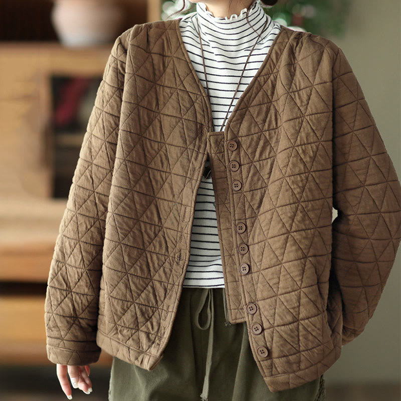 Buddha Stones Winter Baumwoll-Thermojacke für Damen mit langen Ärmeln, Rautenmuster und Taschen - image 1