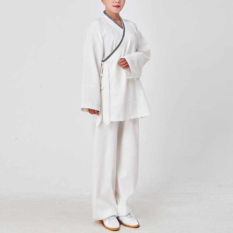 Buddha Stones ​​2-teiliger Wudang Herbst-Kimono mit Froschknopfverschluss, langen Ärmeln, Leinen, Unisex, taoistischer Kimono, Hose, Qigong-Zeremonie-Anzug - image 2