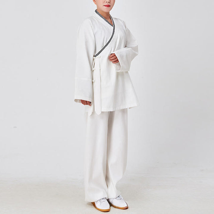 Buddha Stones ​​2-teiliger Wudang Herbst-Kimono mit Froschknopfverschluss, langen Ärmeln, Leinen, Unisex, taoistischer Kimono, Hose, Qigong-Zeremonie-Anzug - image 2