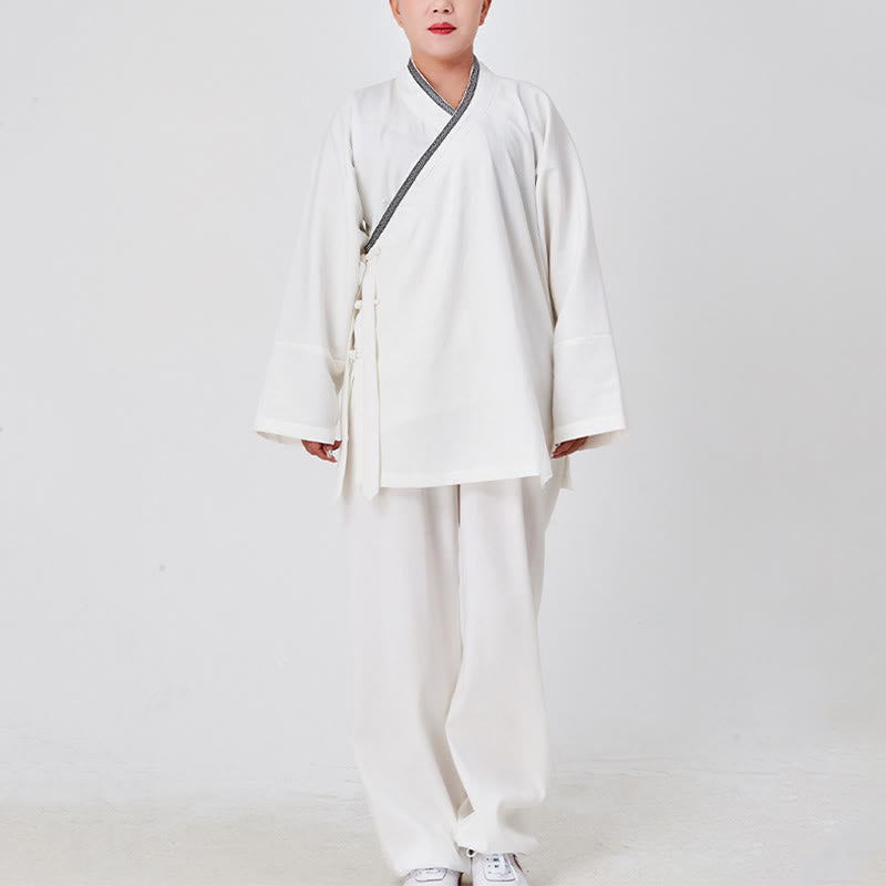 Buddha Stones ​​2-teiliger Wudang Herbst-Kimono mit Froschknopfverschluss, langen Ärmeln, Leinen, Unisex, taoistischer Kimono, Hose, Qigong-Zeremonie-Anzug - image 1