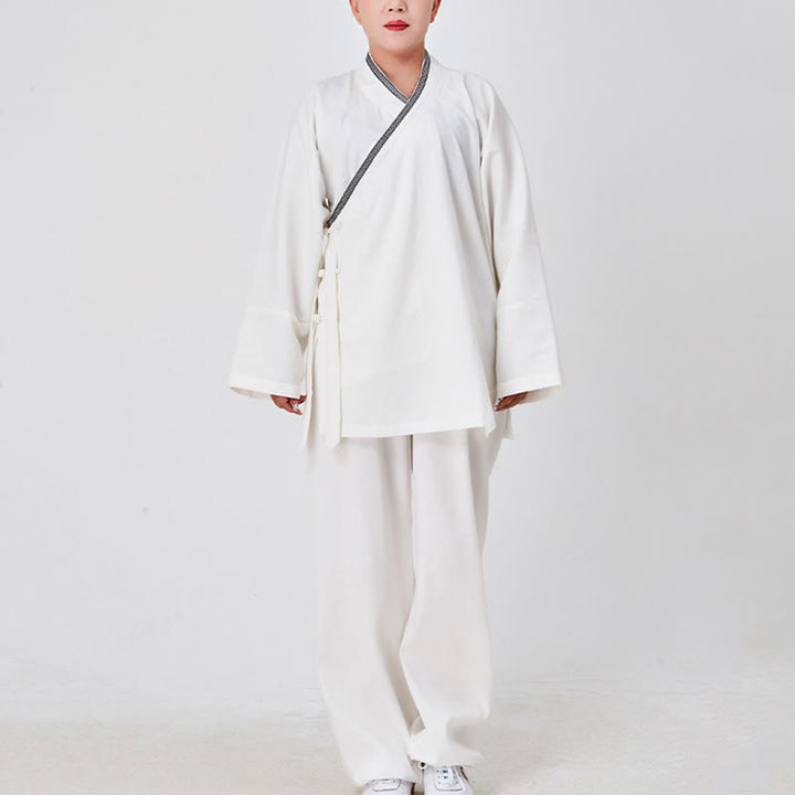 Buddha Stones ​​2-teiliger Wudang Herbst-Kimono mit Froschknopfverschluss, langen Ärmeln, Leinen, Unisex, taoistischer Kimono, Hose, Qigong-Zeremonie-Anzug - image 1
